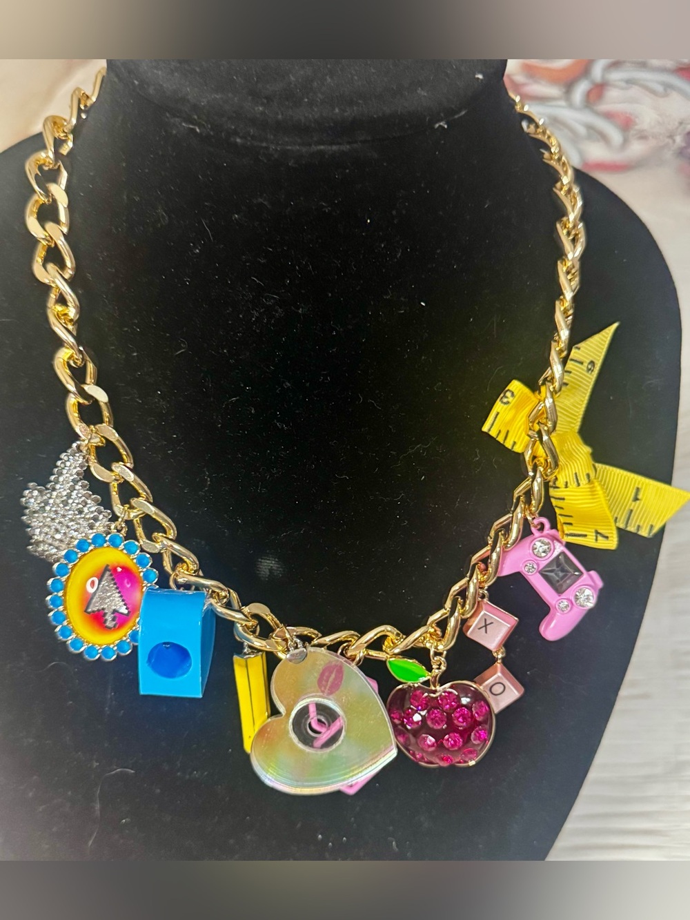 Betsey Johnson - Gold Tone Multicolor Charm Necklace with Matching Earrings